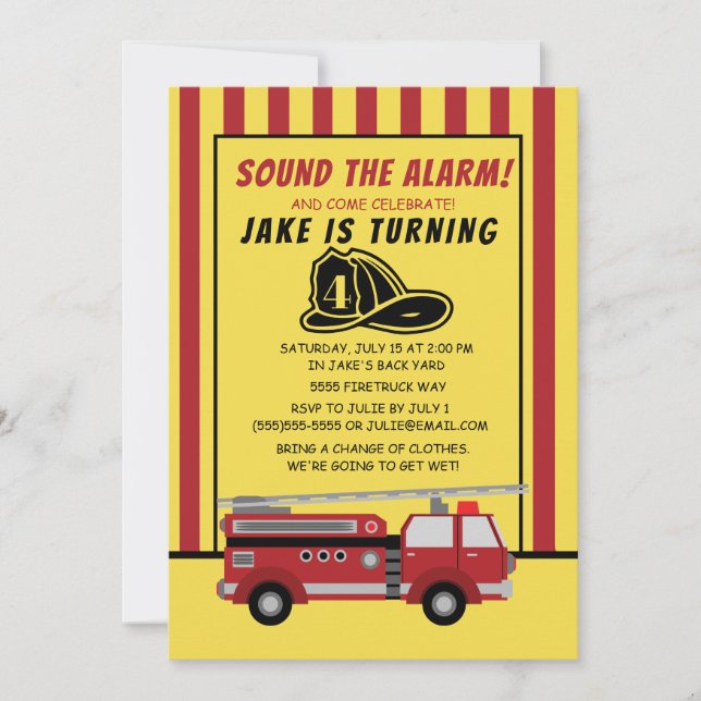 Firetruck Red Yellow Stripes Child's Birthday Invitation (Front)