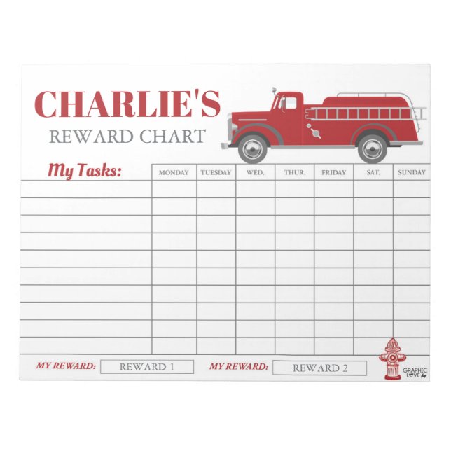 Firetruck Reward Chart Personalized Name & Tasks Notepad (Front)