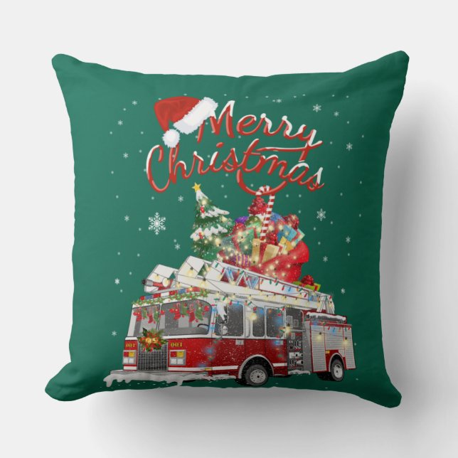 Firetruck Santa Sleigh Fireman Christmas Firefight Cushion (Front)