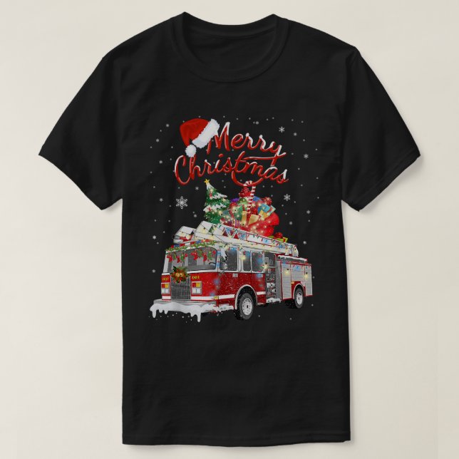 Firetruck Santa Sleigh Fireman Christmas Firefight T-Shirt (Design Front)