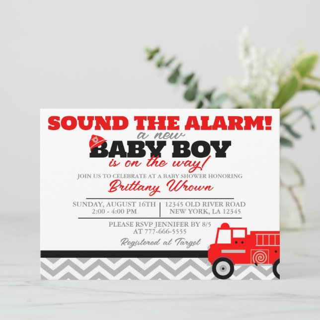 Firetruck Sound the Alarm Baby Shower Invitation (Standing Front)