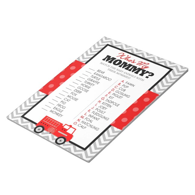 Firetruck Who's My Mummy Baby Animal Shower Game Notepad (Angled)