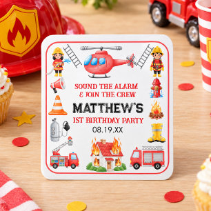 Firetrucks Boy 1st Birthday Cute Little party Square Sticker