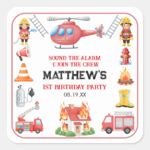 Firetrucks Boy 1st Birthday   Cute Little party Square Sticker