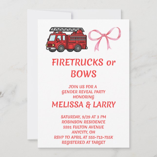 Firetrucks or Bows Gender Reveal Invitation (Front)