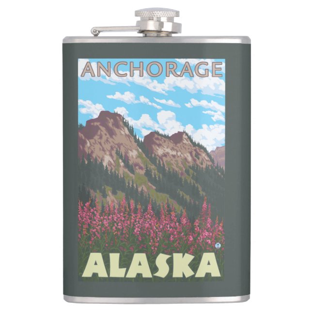 Fireweed & Mountains - Anchorage, Alaska Hip Flask (Front)