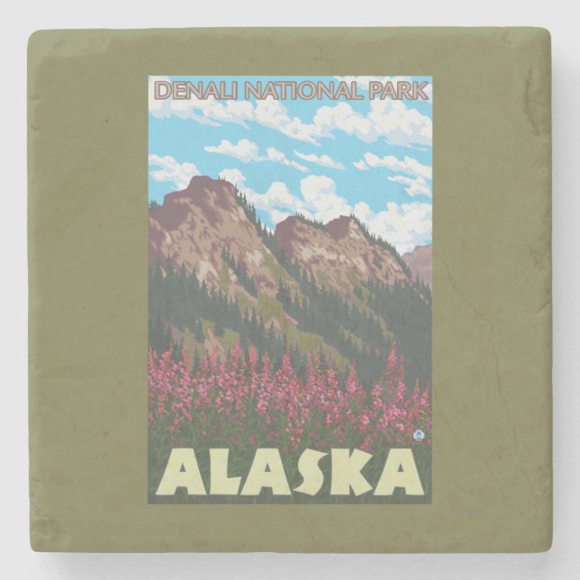 Fireweed & Mountains - Denali Nat'l Park, Stone Coaster (Front)