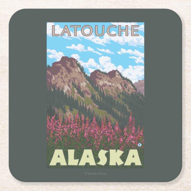 Fireweed & Mountains - Latouche, Alaska Square Paper Coaster (Front)