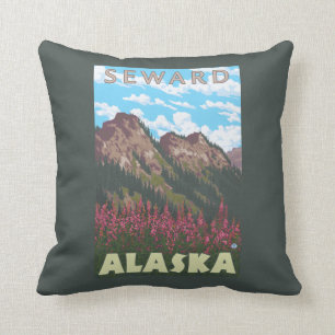 Fireweed & Mountains - Seward, Alaska Cushion