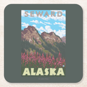 Fireweed & Mountains - Seward, Alaska Square Paper Coaster
