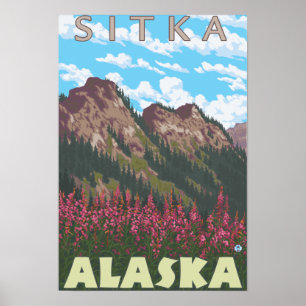 Fireweed & Mountains - Sitka, Alaska Poster