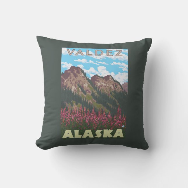 Fireweed & Mountains - Valdez, Alaska Cushion (Front)