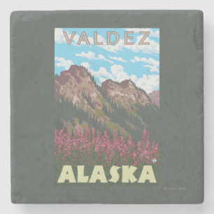 Fireweed & Mountains - Valdez, Alaska Stone Coaster