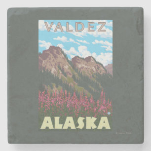 Fireweed & Mountains - Valdez, Alaska Stone Coaster