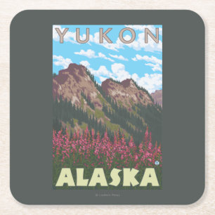 Fireweed & Mountains - Yukon, Alaska Square Paper Coaster