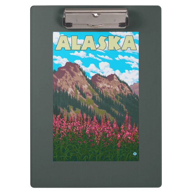 Fireweed with Mountains Vintage Travel Poster Clipboard (Front)