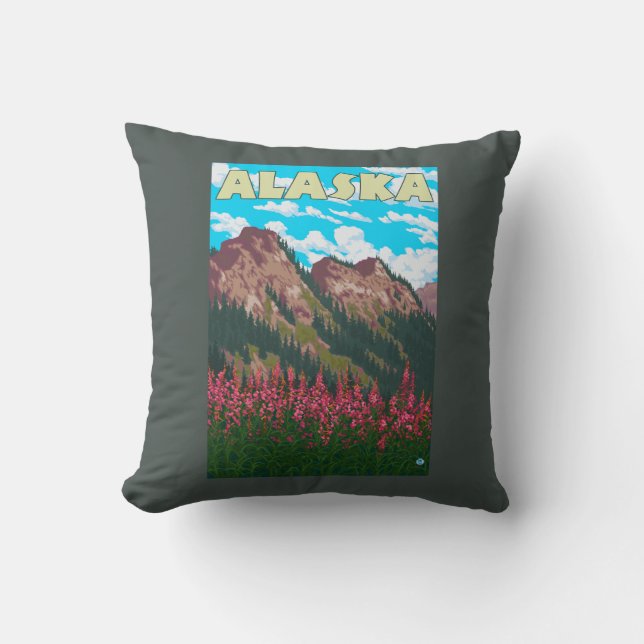 Fireweed with Mountains Vintage Travel Poster Cushion (Front)