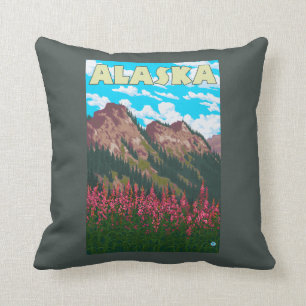 Fireweed with Mountains Vintage Travel Poster Cushion