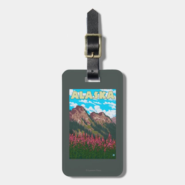 Fireweed with Mountains Vintage Travel Poster Luggage Tag (Front Vertical)
