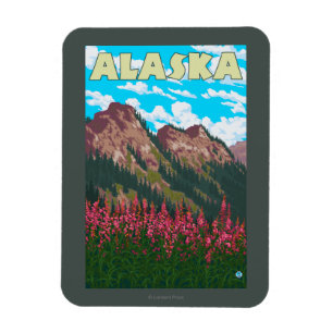 Fireweed with Mountains Vintage Travel Poster Magnet