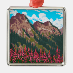 Fireweed with Mountains Vintage Travel Poster Metal Tree Decoration