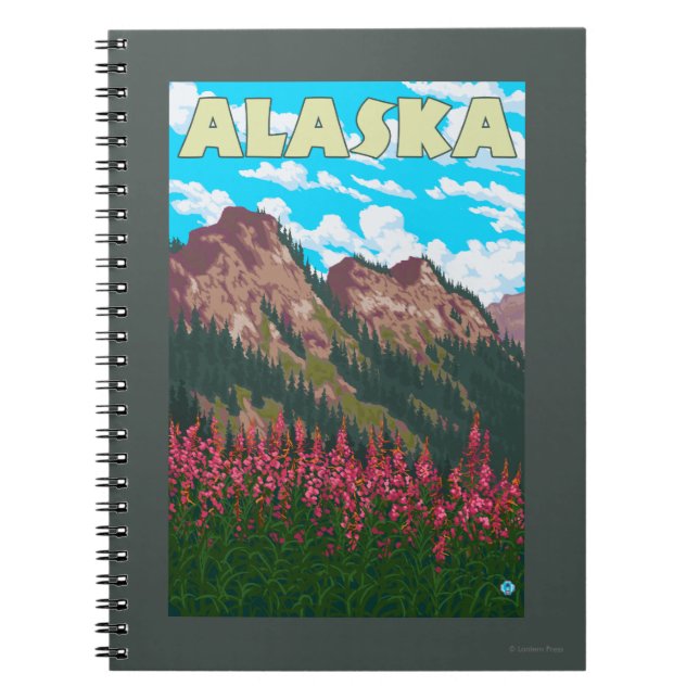 Fireweed with Mountains Vintage Travel Poster Notebook (Front)