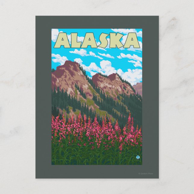 Fireweed with Mountains Vintage Travel Poster Postcard (Front)