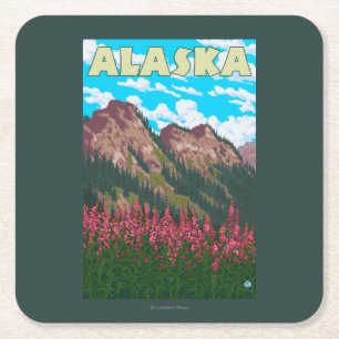 Fireweed with Mountains Vintage Travel Poster Square Paper Coaster