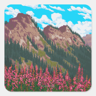 Fireweed with Mountains Vintage Travel Poster Square Sticker