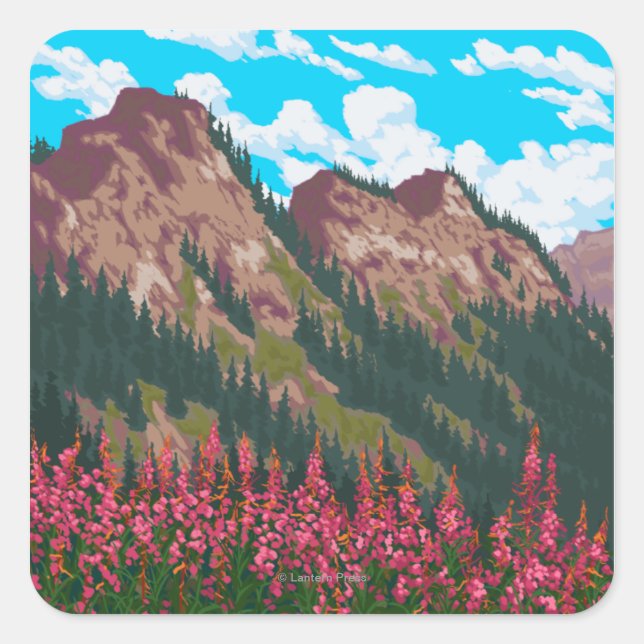 Fireweed with Mountains Vintage Travel Poster Square Sticker (Front)