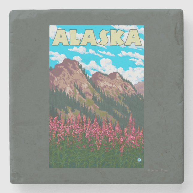 Fireweed with Mountains Vintage Travel Poster Stone Coaster (Front)
