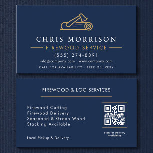 Firewood Supply Service Navy Blue Gold QR Code Business Card