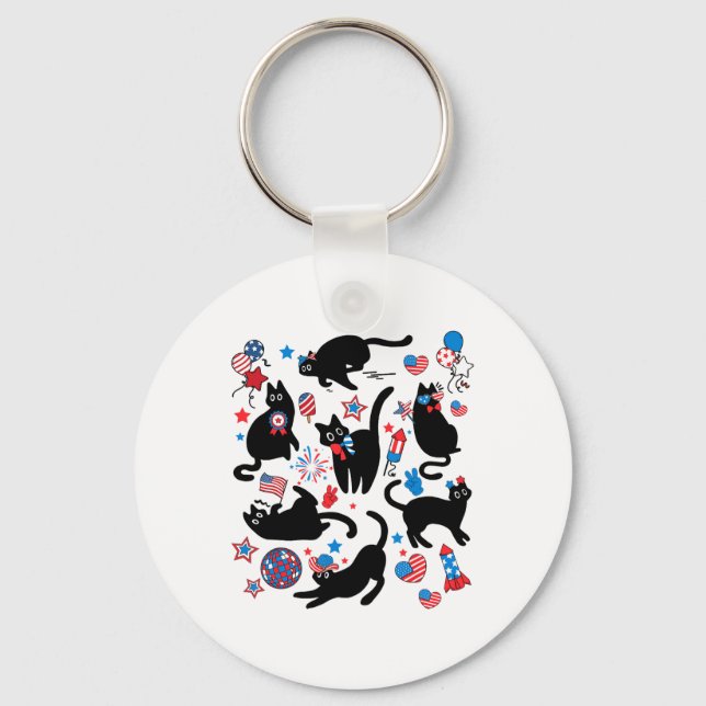 Firework 4th Of July Black Cat Usa Flag Cute Cat K Key Ring (Front)