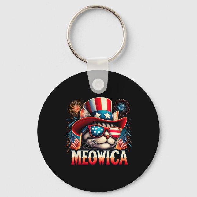 Firework Cat Funny Patriotic Kitty Cat Meowica 4th Key Ring (Front)
