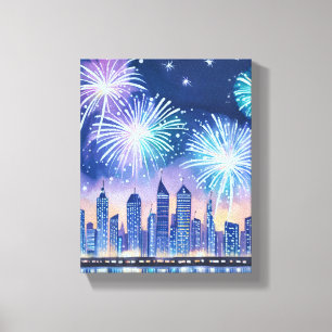 Firework Cityscape Blue Lofi Digital Watercolor Canvas Print