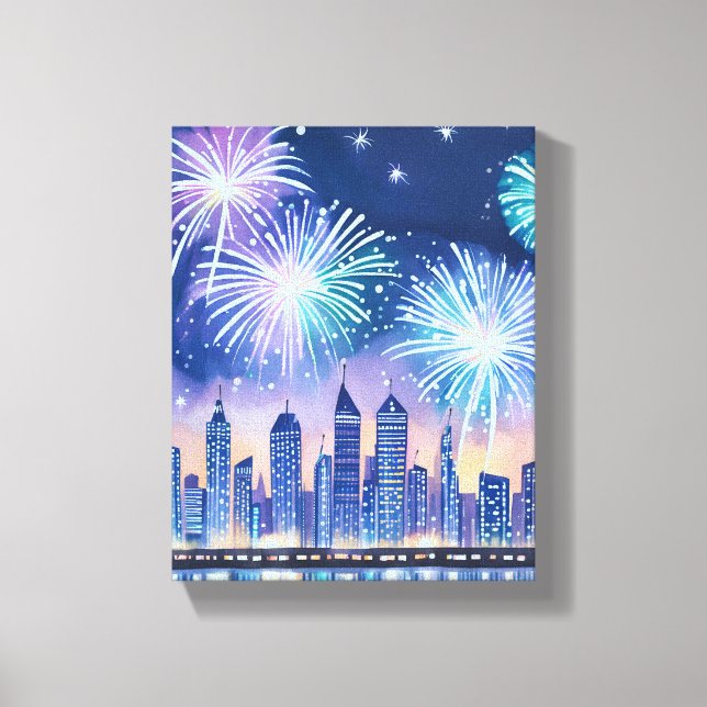 Firework Cityscape | Blue Lofi Digital Watercolor Canvas Print (Front)