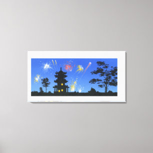 Firework display and silhouette of pagoda canvas print