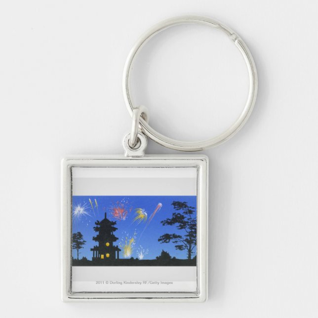 Firework display and silhouette of pagoda key ring (Front)