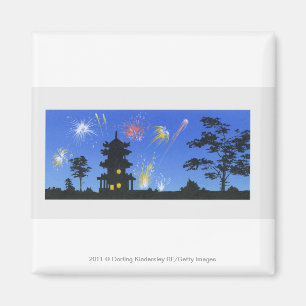 Firework display and silhouette of pagoda magnet