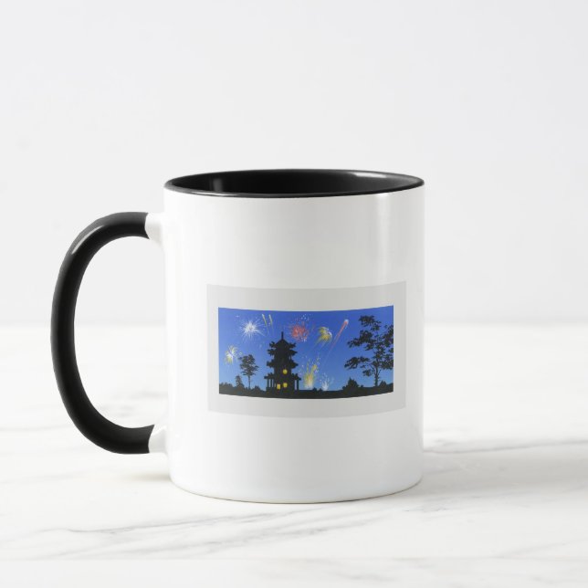 Firework display and silhouette of pagoda mug (Left)