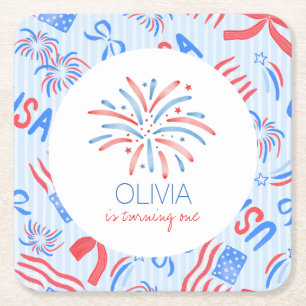 Firework Fourth of July Birthday Square Paper Coaster