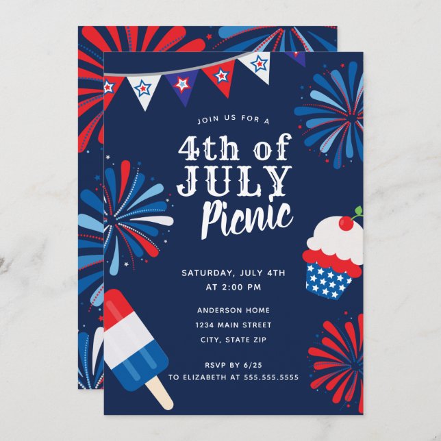 Firework Fourth of July Picnic Invitation (Front/Back)