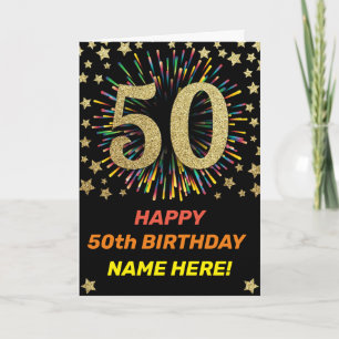 Firework Rainbow 50th Black & Gold Happy Birthday Card