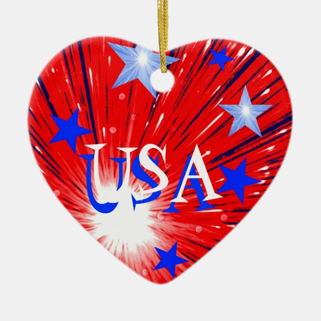 Firework Red White Blue 'USA' ornament heart (Front)