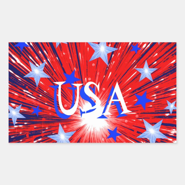 Firework Red White Blue 'USA' sticker rectangle (Front)