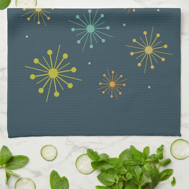 Firework Starbursts Dark Blue Mid-Century Tea Towel (Folded)