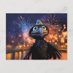 Firework Wonder Raven Watching Night Sky In Styliz Postcard