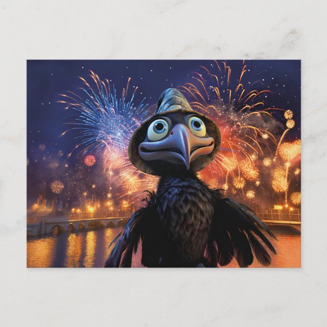 Firework Wonder Raven Watching Night Sky In Styliz Postcard (Front)
