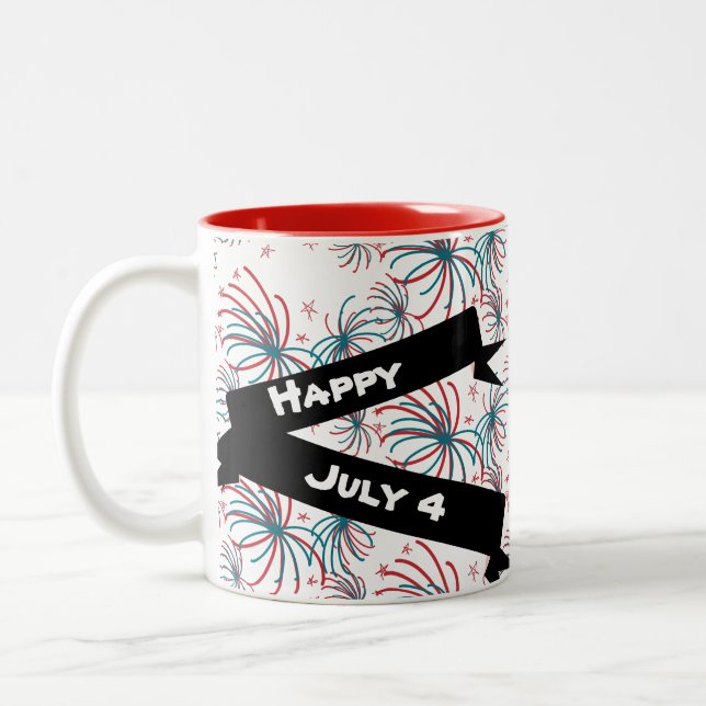 Fireworks 4th of July Stars Doodles Banner Two-Tone Coffee Mug (Left)