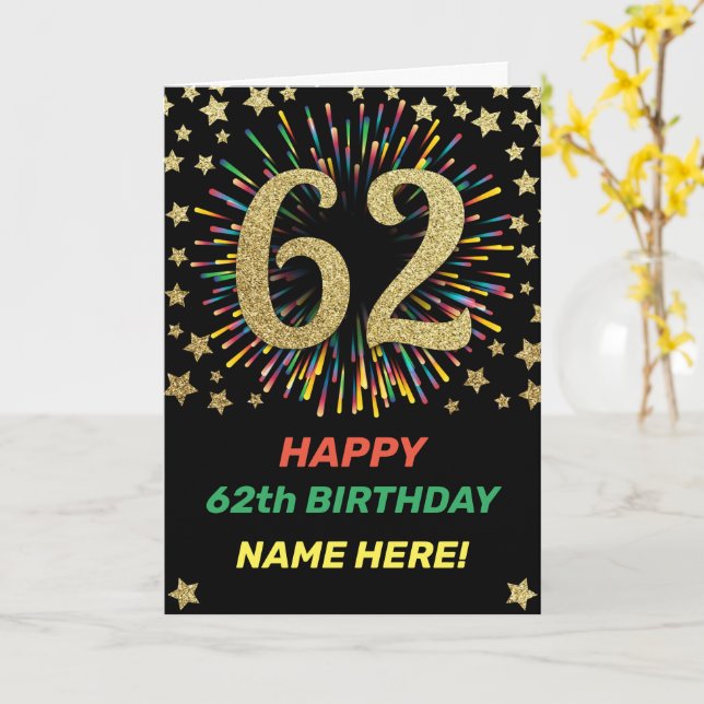 Fireworks 62nd Birthday Rainbow Gold Greeting Card (Yellow Flower)